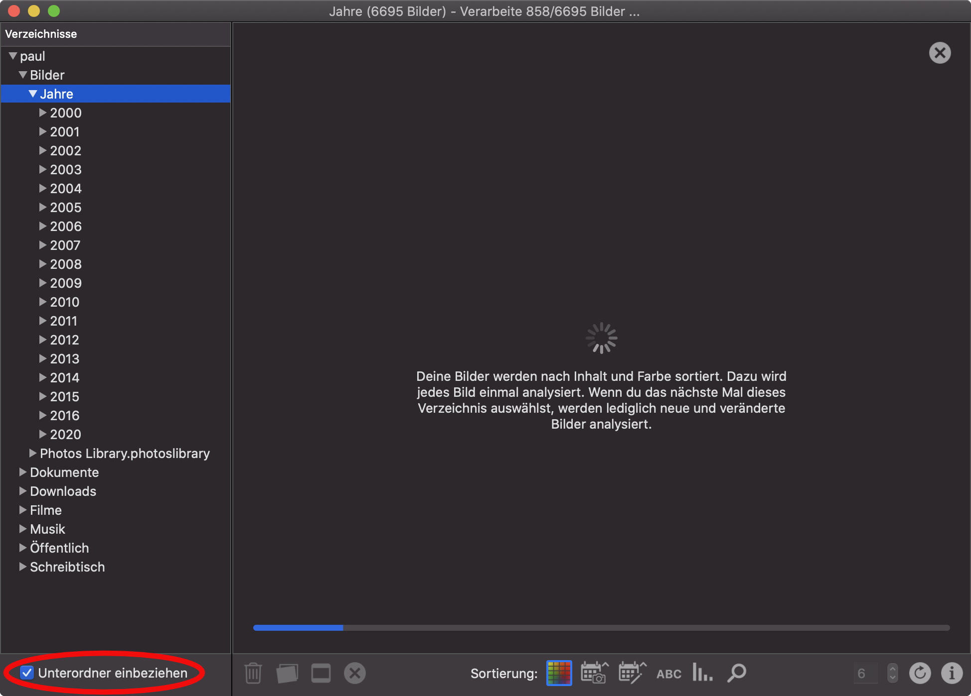 Hier wurden durch das Einbeziehen der Unterverzeichnisse 6695 Bilder gefunden. Um diese visuell zu sortieren, werden sie einmalig analysiert. Wählst du dieses Verzeichnis später nocheinmal aus, so werden nur hinzugekommene und veränderte Bilder analysiert.