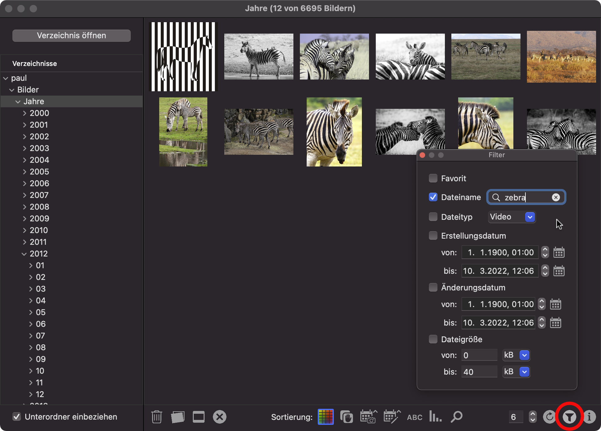 Der Filter bietet vielerlei Möglichkeiten die angezeigte Bildmenge einzugrenzen.