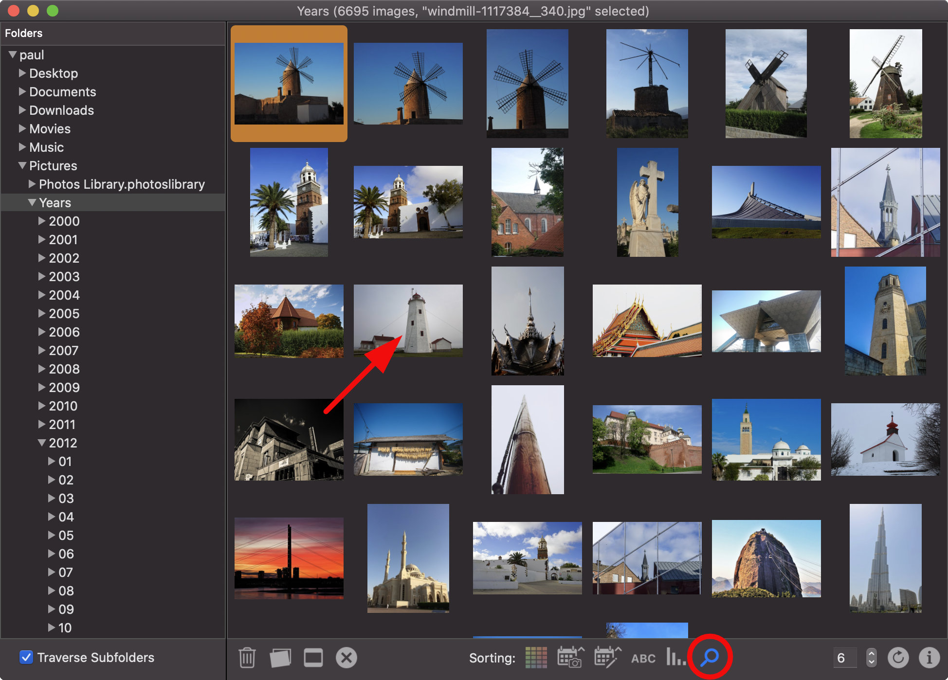 In this example images similar to a windmill were searched. By selecting another building and clicking the visual search icon again, the search can be refined.