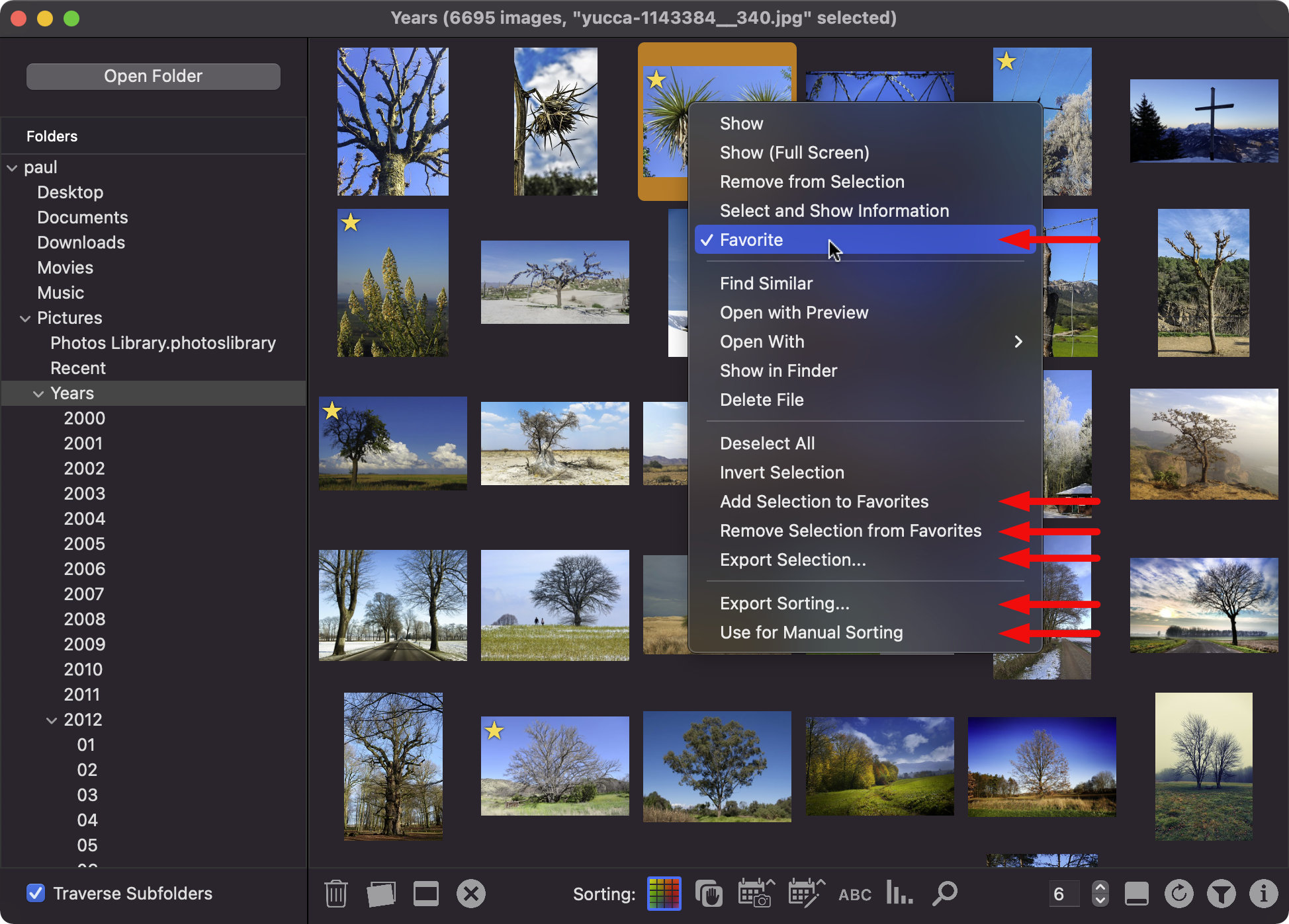 New in 2.1: The context menu can be used to manage favorites, export selected images or a sorting, and reset the manual sorting.